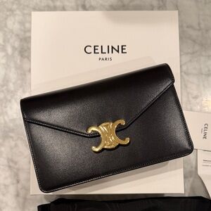 Celine WOC Triomphe wallet on chain Black shiny leather crossbody clutch gold